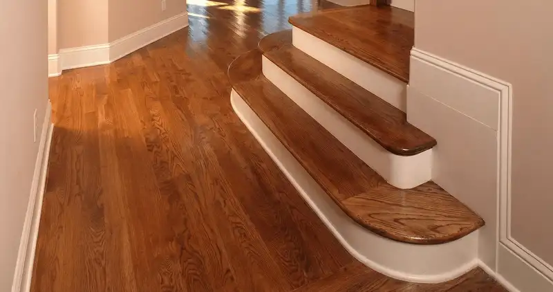 Base floor of a staircase with professionally restored wood flooring in Cincinnati OH