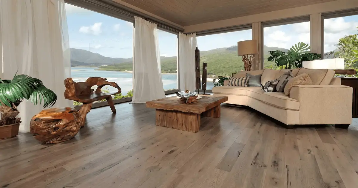 Professionally installed vinyl flooring in a modern living room with large windows in Cincinnati, OH